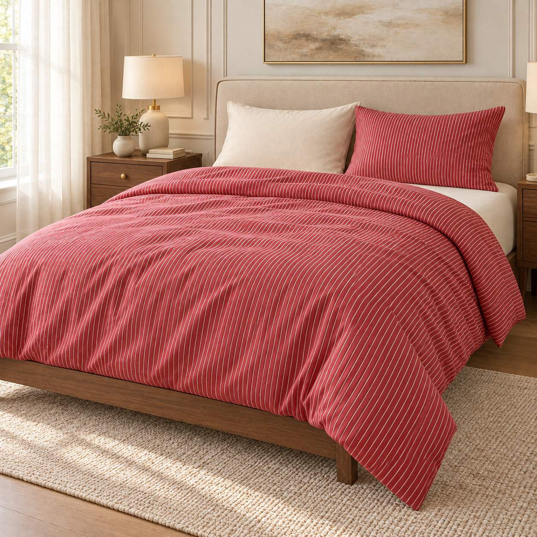Minimalist Bedding Set Thin Striped Duvet Cover and Pillowcases Washed Cotton Breathable Comforter