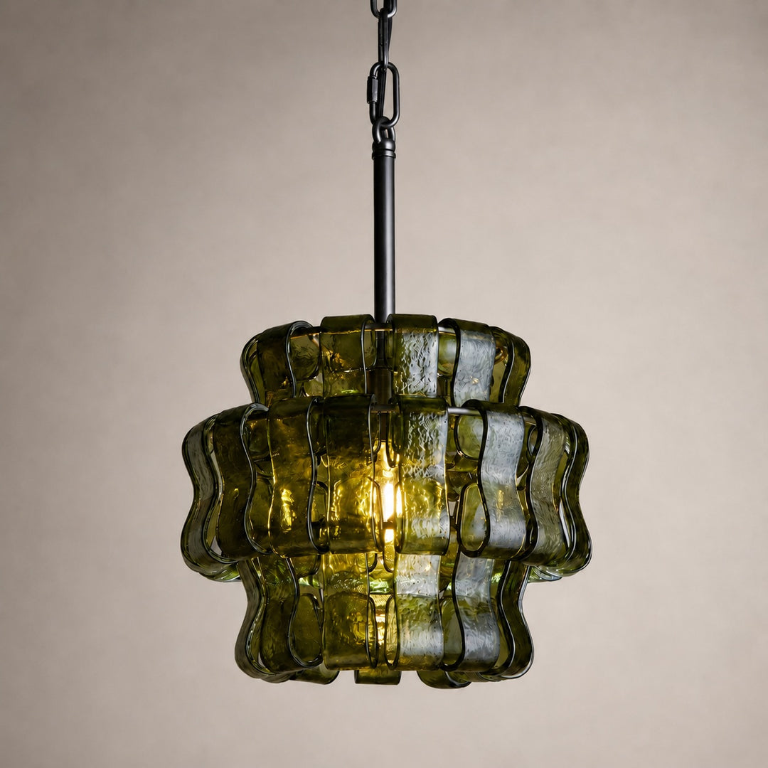 Modern Green Tiered Glass Pendant Light Hanging Brass Fixture Adjustable Height for Dining Room Kitchen Island