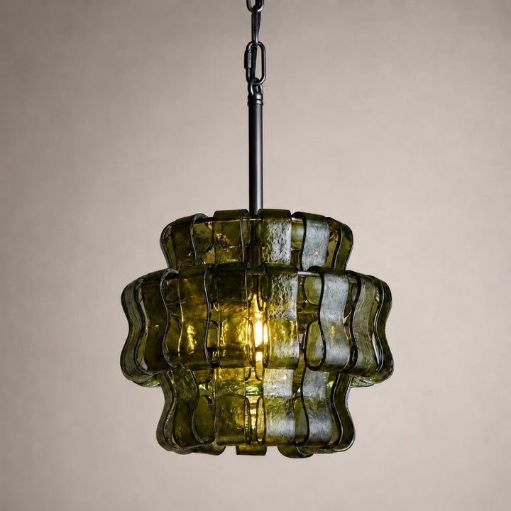 Modern Green Tiered Glass Pendant Light Hanging Brass Fixture Adjustable Height for Dining Room Kitchen Island
