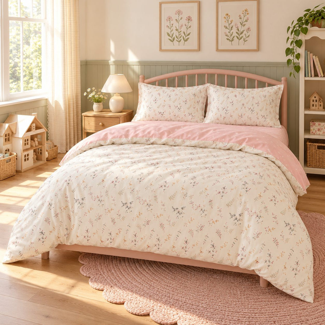 Floral Print Bedding Set in Pale Pink Color Soft Polyester Duvet Cover and Flat Sheet