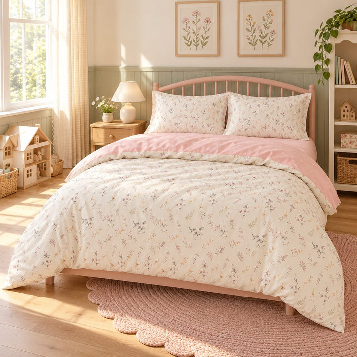 Floral Print Bedding Set in Pale Pink Color Soft Polyester Duvet Cover and Flat Sheet