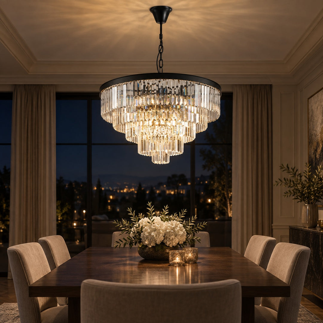Modern Crystal Chandelier Hanging Light Fixture Metal Frame E12 Bulb Compatible Five or Seven Tiers