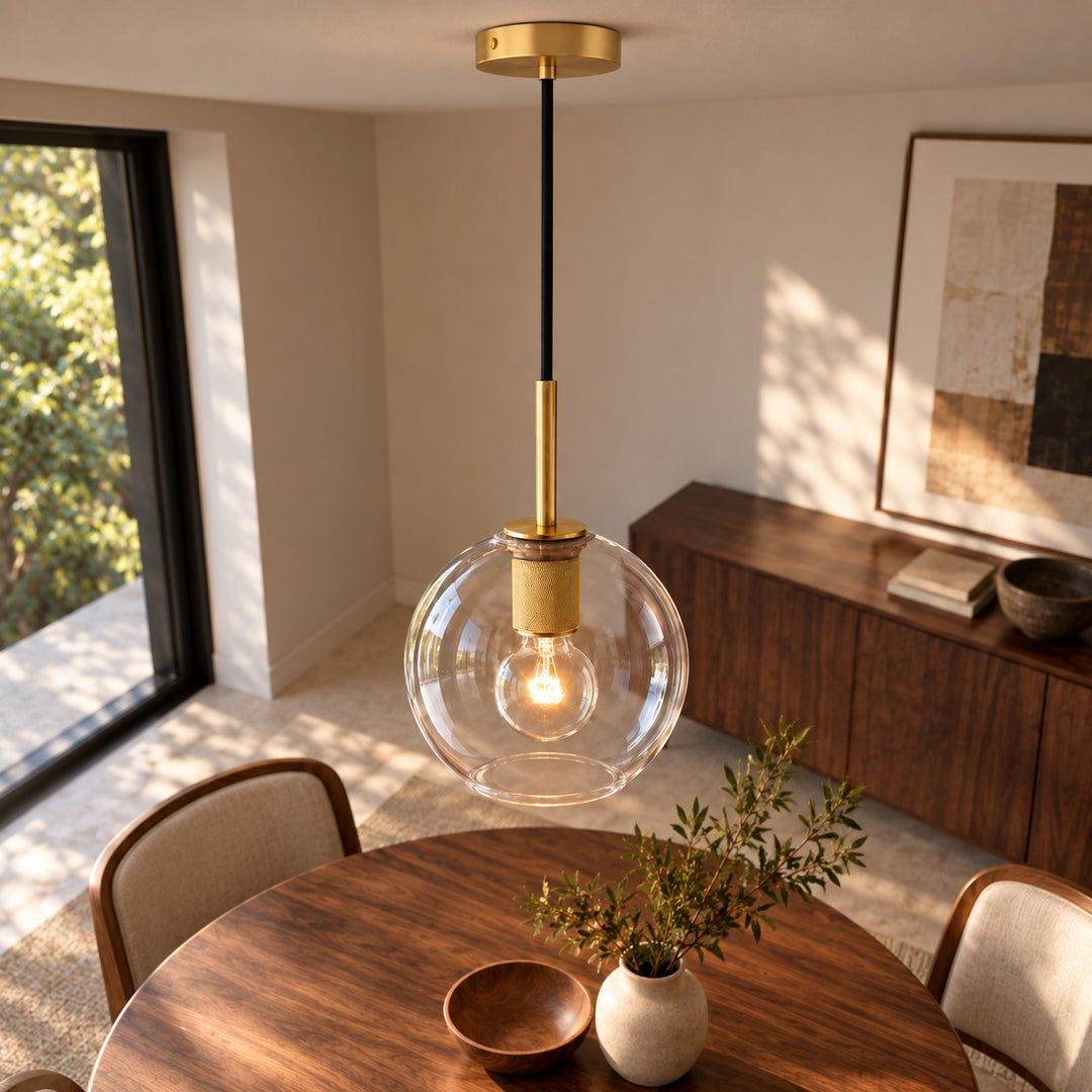 Modern Clear Glass Globe Pendant Light with Brass Finish – E27 Ceiling Light