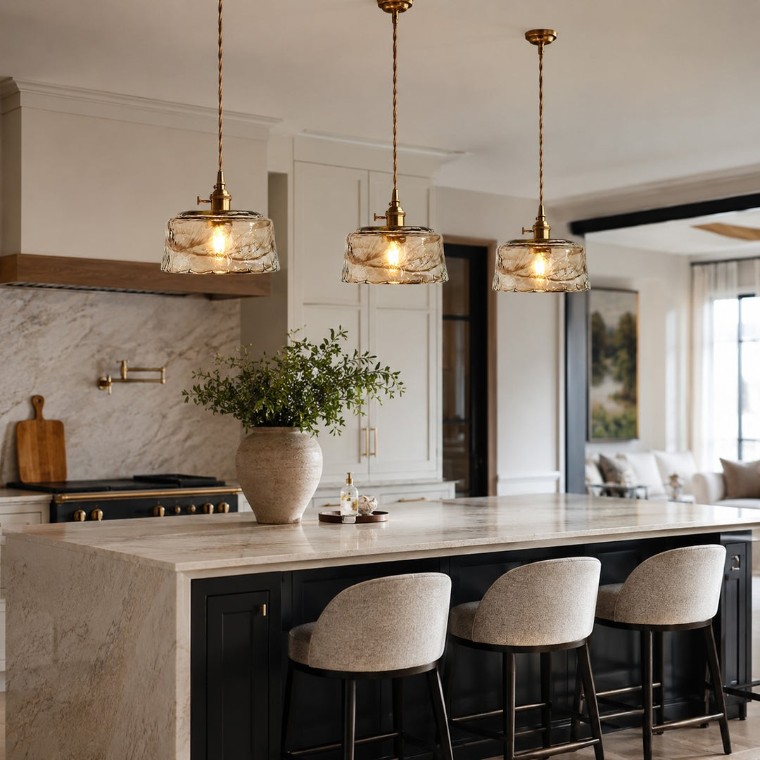 Vintage Brass Pendant Light with Adjustable Hanging Amber Glass Shade for Indoor Lighting