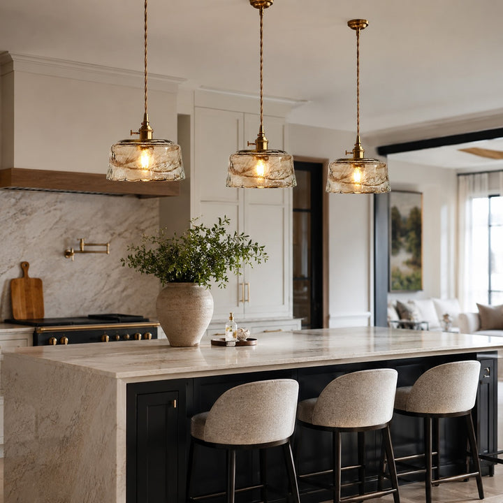 Vintage Brass Pendant Light with Adjustable Hanging Amber Glass Shade for Indoor Lighting