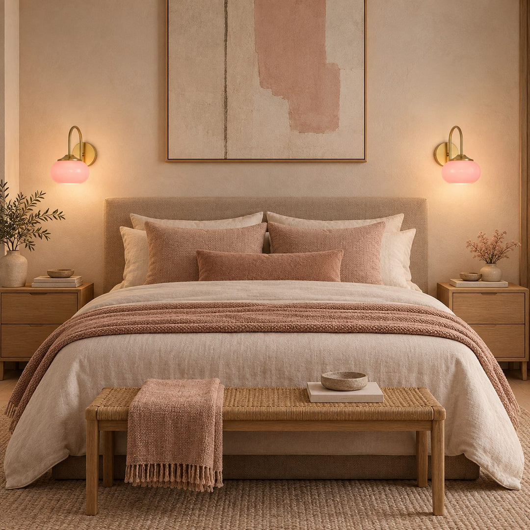 Modern Wall Light Copper Fixture with Pink Glass Shade for Indoor LED Bulbs