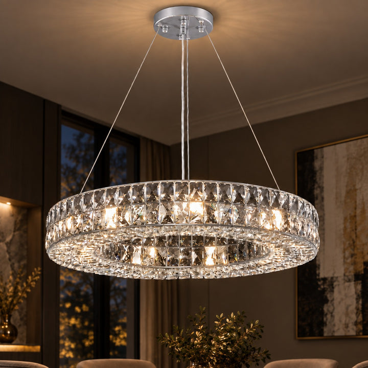 Modern Crystal Chandelier Adjustable Height Gold Metal Frame LED Lighting 9 to 16 Lights