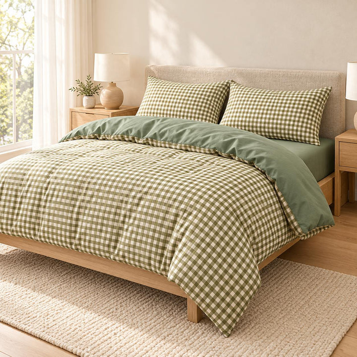 Classic Gingham Bedding Set Cotton Duvet Covers with Invisible Zipper and Corner Ties