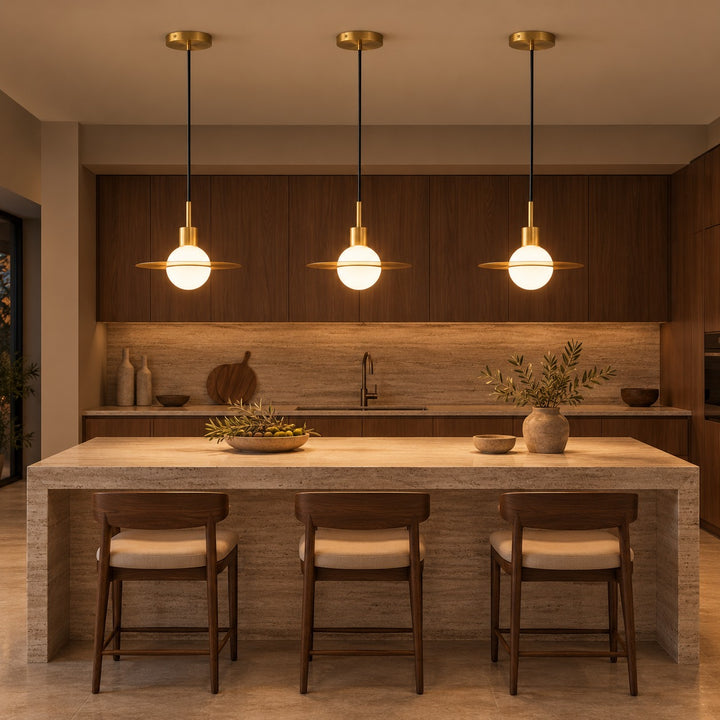 Modern Brass & Glass Globe Pendant Light with Adjustable Disc – 31cm & 42cm