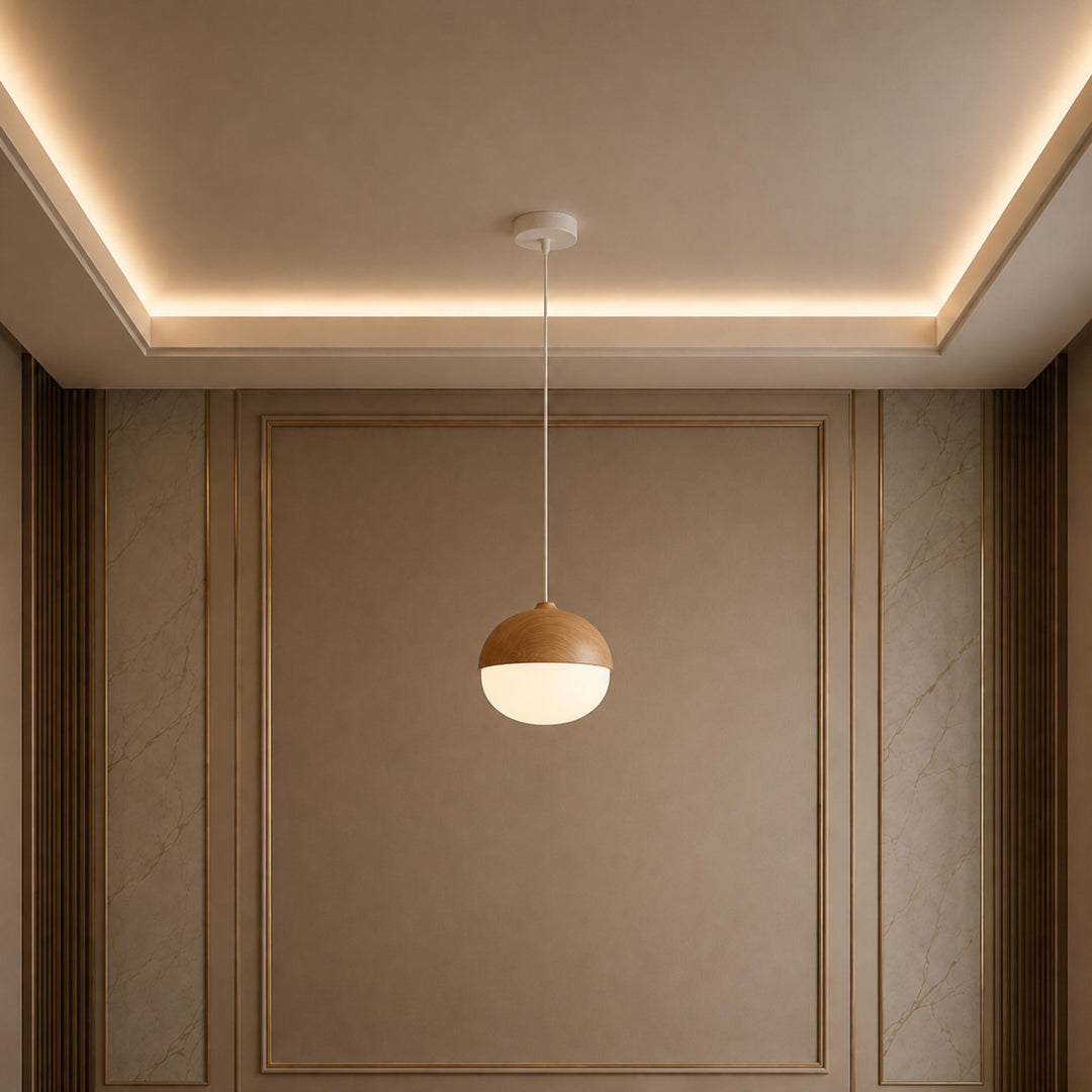 Modern Pendant Light Adjustable Hanging Fixture Wood Look Frosted Glass LED for Kitchen Island