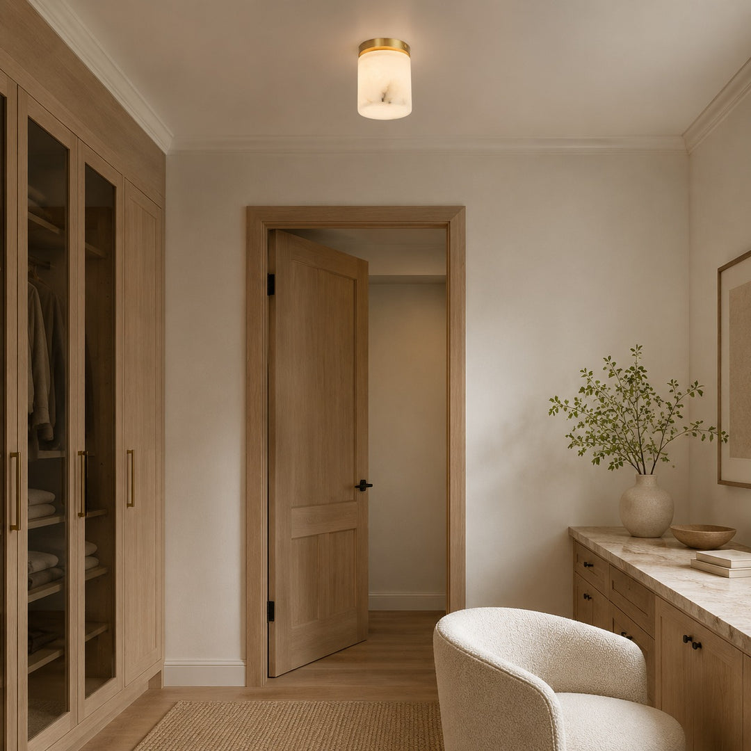 Natural Alabaster Flush Mount Ceiling Light – Modern Brass Finish