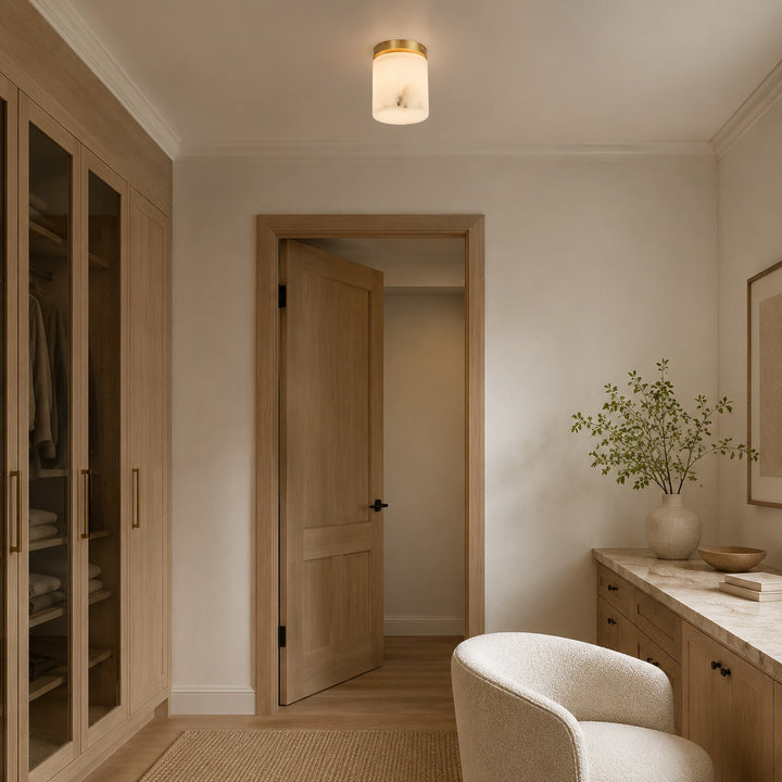Natural Alabaster Flush Mount Ceiling Light – Modern Brass Finish