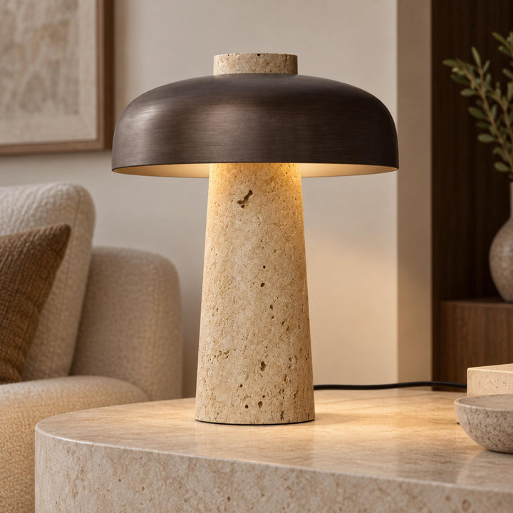 Contemporary Table Lamp Adjustable Height Natural Travertine Base Aluminum Shade Dimmable Design