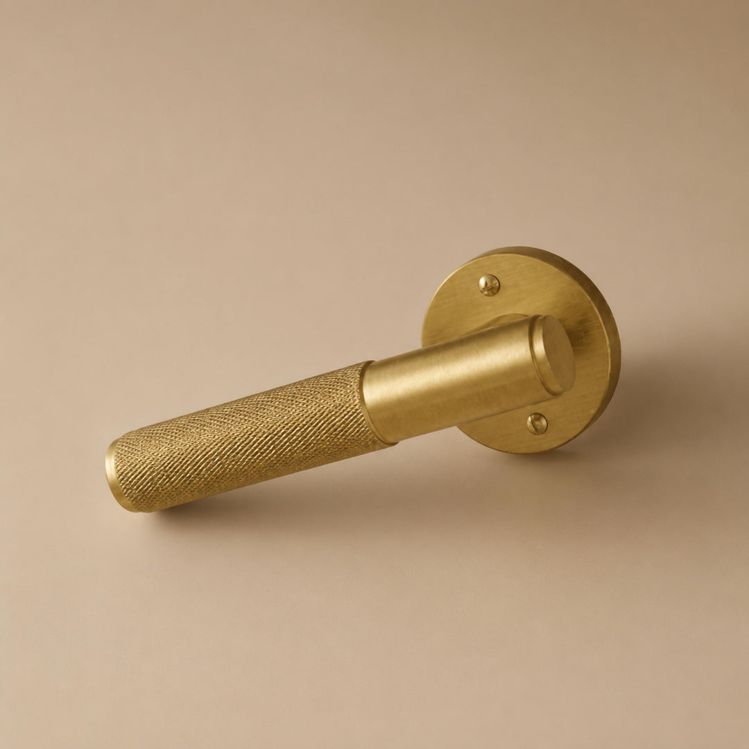 Modern Brass Door Handle with Knurled Grip and Square or Round Rosette for Internal Use