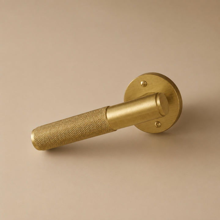 Modern Brass Door Handle with Knurled Grip and Square or Round Rosette for Internal Use