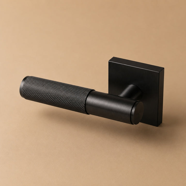 Modern Brass Door Handle with Knurled Grip and Square or Round Rosette for Internal Use