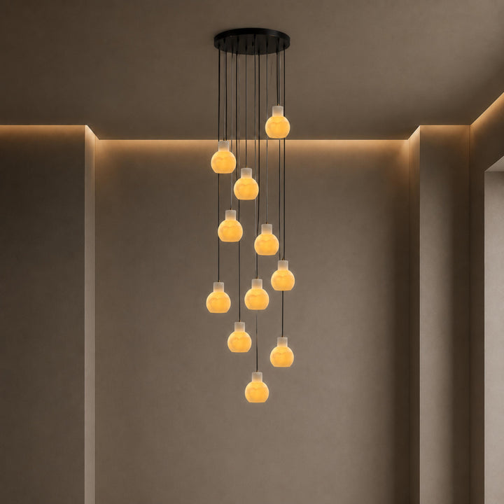 Modern Alabaster Chandelier Hanging Light Fixture with Glass Shades and LED Bulbs for 6 Lights