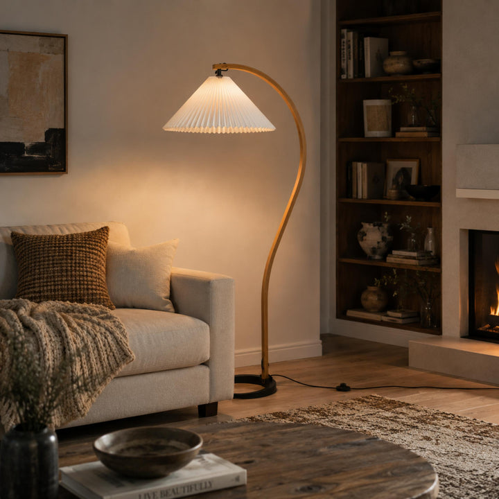 Modern Floor Lamp Adjustable Height Beech Wood Bracket Linen Shade Indoor Use
