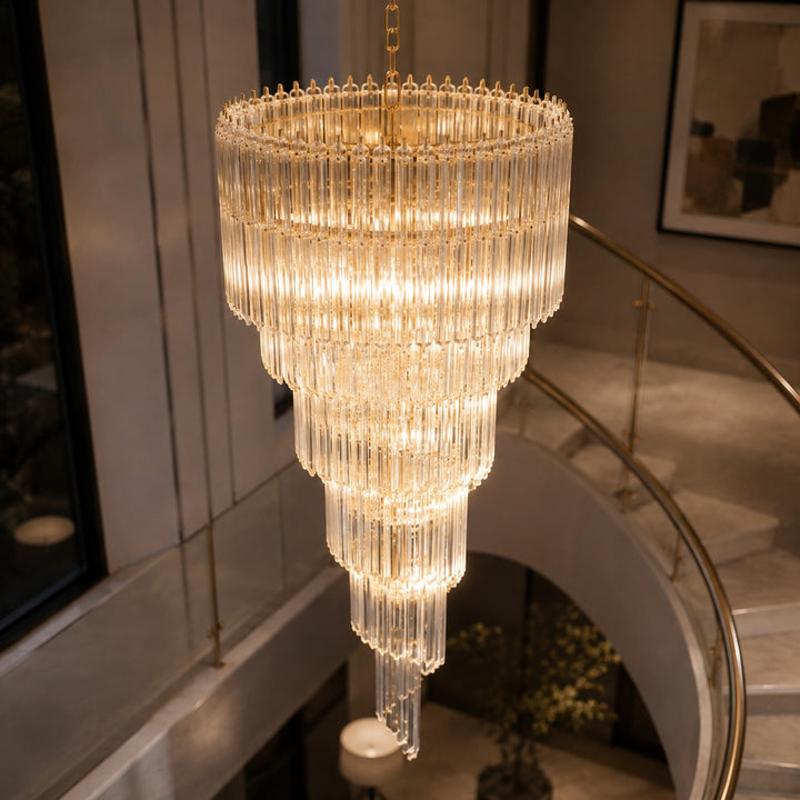 Modern Chandelier Clear Glass Hanging Light Fixture Adjustable Height Dimmable Illumination