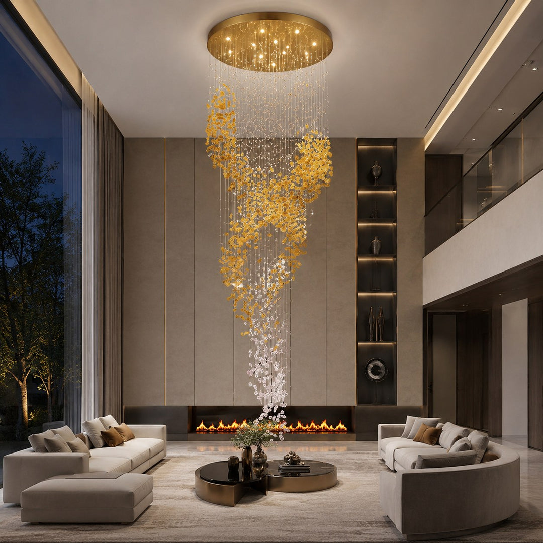 Modern Chandelier Hanging Light Gold Metal Clear Amber Crystal Glass LED