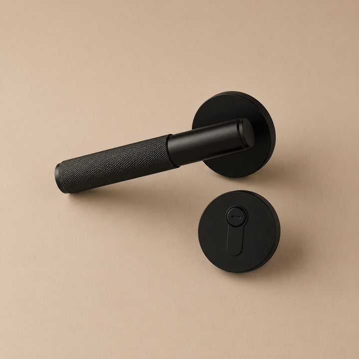 Modern Brass Door Handle with Knurled Grip and Square or Round Rosette for Internal Use