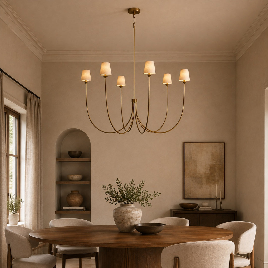 Large Round Chandelier with Off-White Shades – Brass or Bronze
