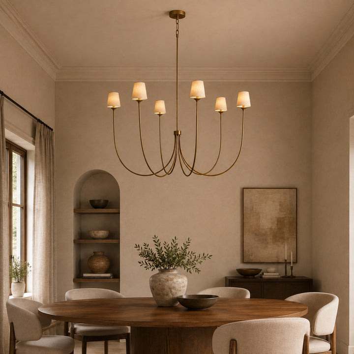 Large Round Chandelier with Off-White Shades – Brass or Bronze