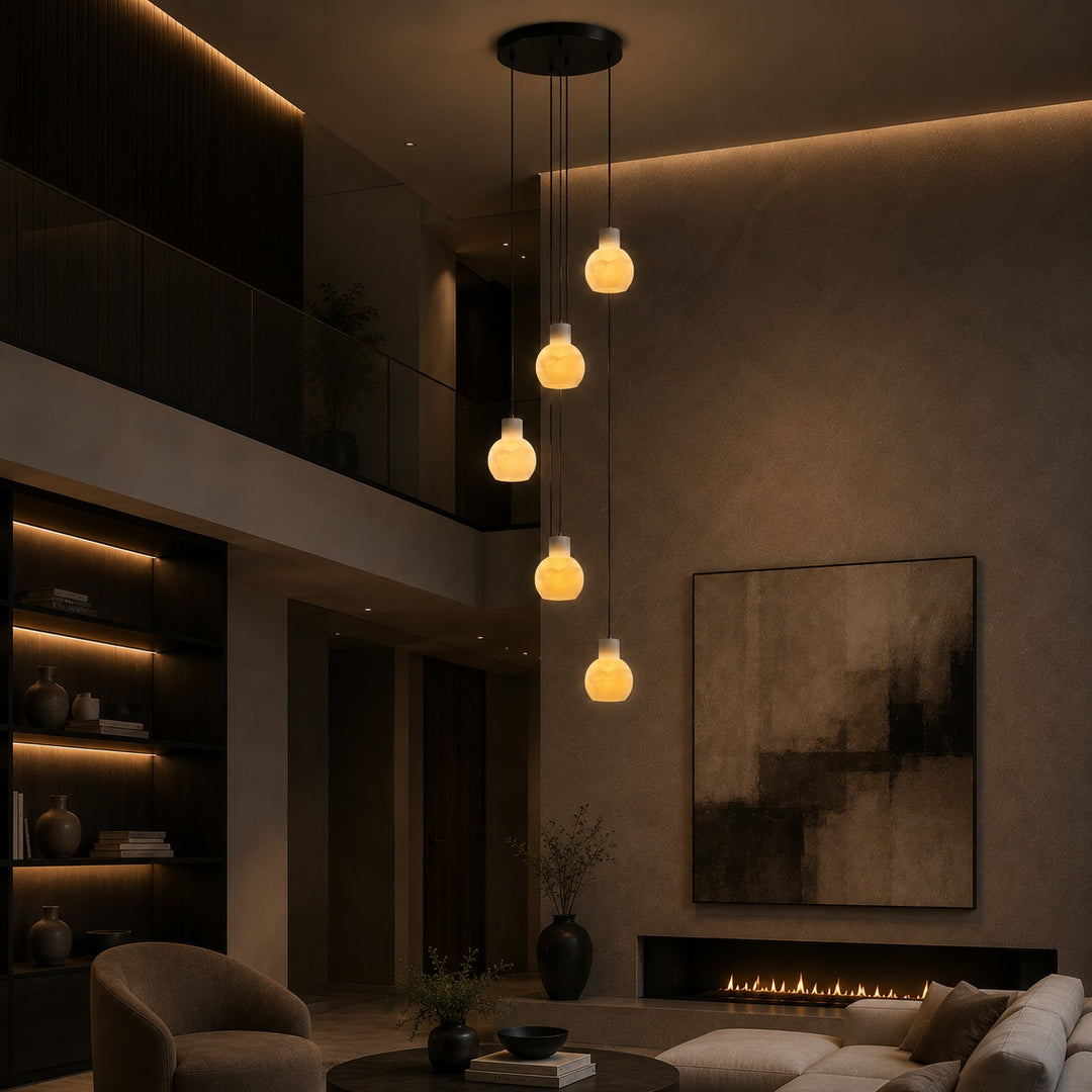 Modern Alabaster Chandelier Hanging Light Fixture with Glass Shades and LED Bulbs for 6 Lights