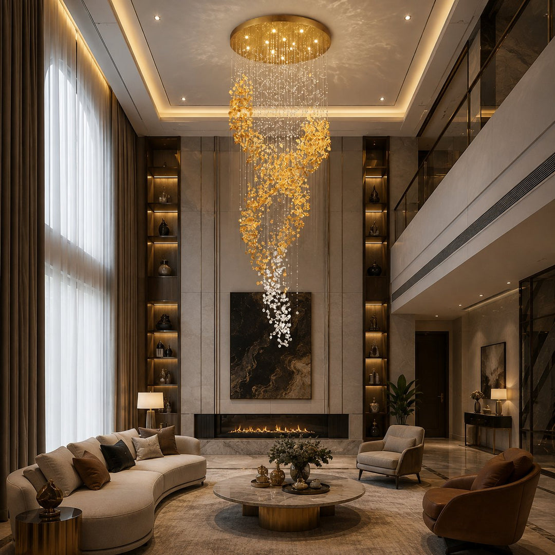Modern Chandelier Hanging Light Gold Metal Clear Amber Crystal Glass LED