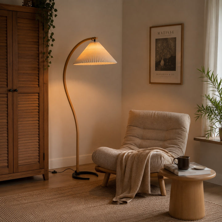 Modern Floor Lamp Adjustable Height Beech Wood Bracket Linen Shade Indoor Use