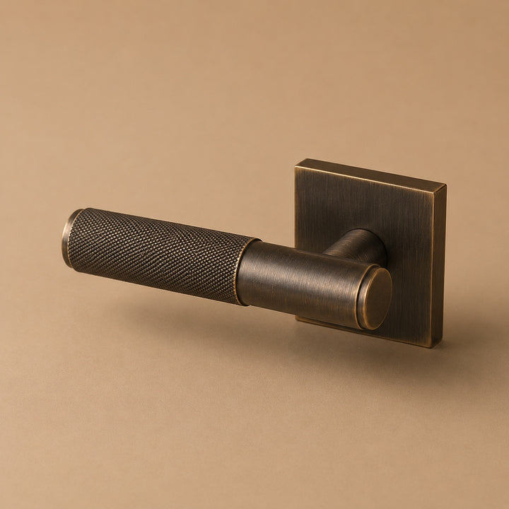 Modern Brass Door Handle with Knurled Grip and Square or Round Rosette for Internal Use