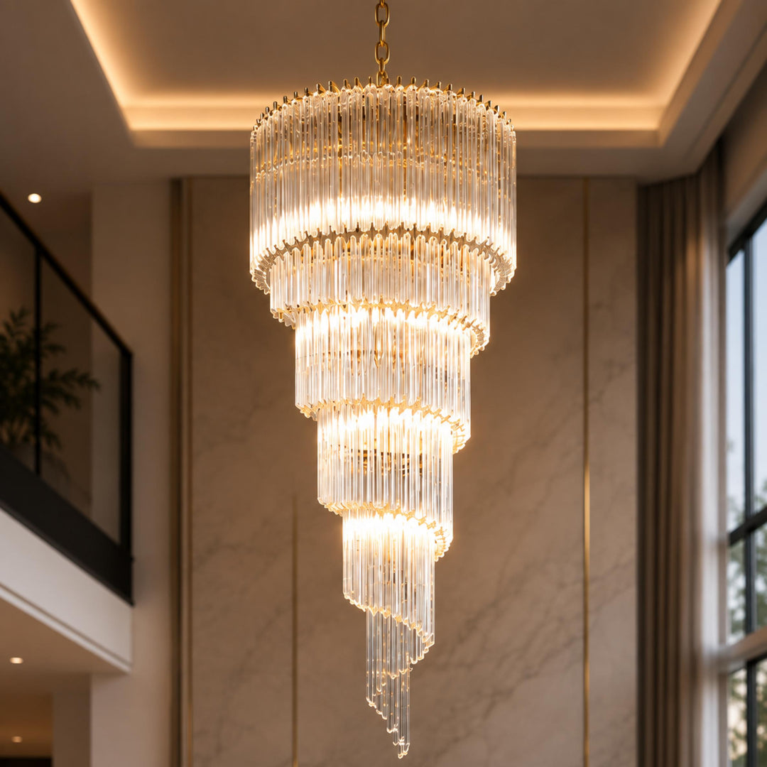 Modern Chandelier Clear Glass Hanging Light Fixture Adjustable Height Dimmable Illumination