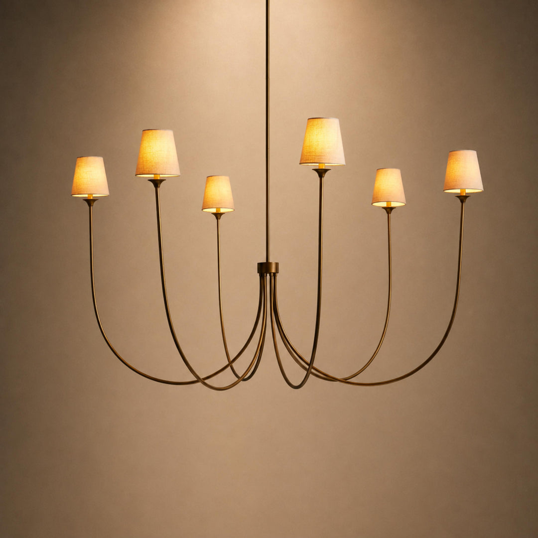 Large Round Chandelier with Off-White Shades – Brass or Bronze