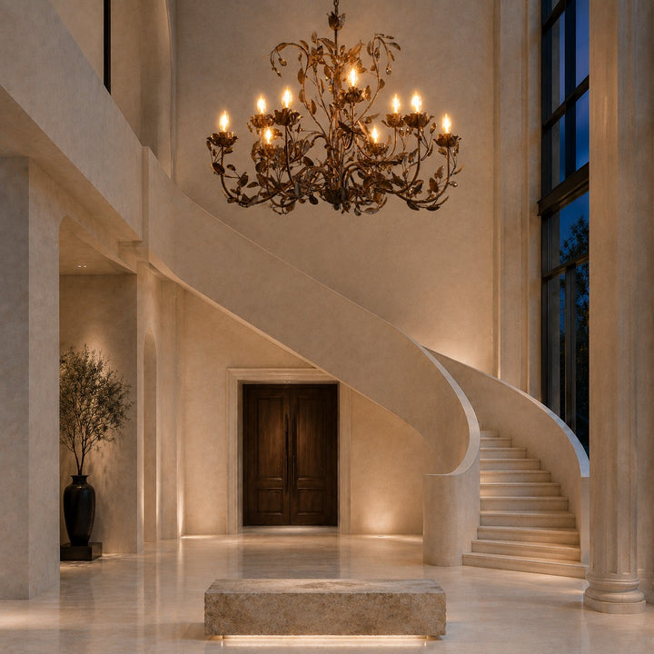 Luxury Crystal Leaf Round Chandelier – Large Gold or Bronze Dining Room & Foyer Light, 36″/48″