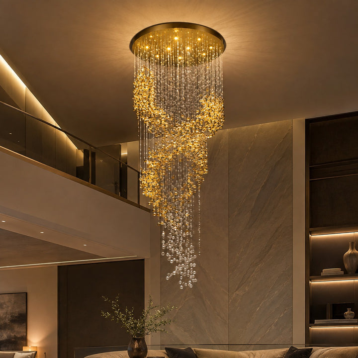 Modern Chandelier Hanging Light Gold Metal Clear Amber Crystal Glass LED