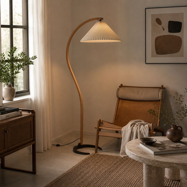 Modern Floor Lamp Adjustable Height Beech Wood Bracket Linen Shade Indoor Use