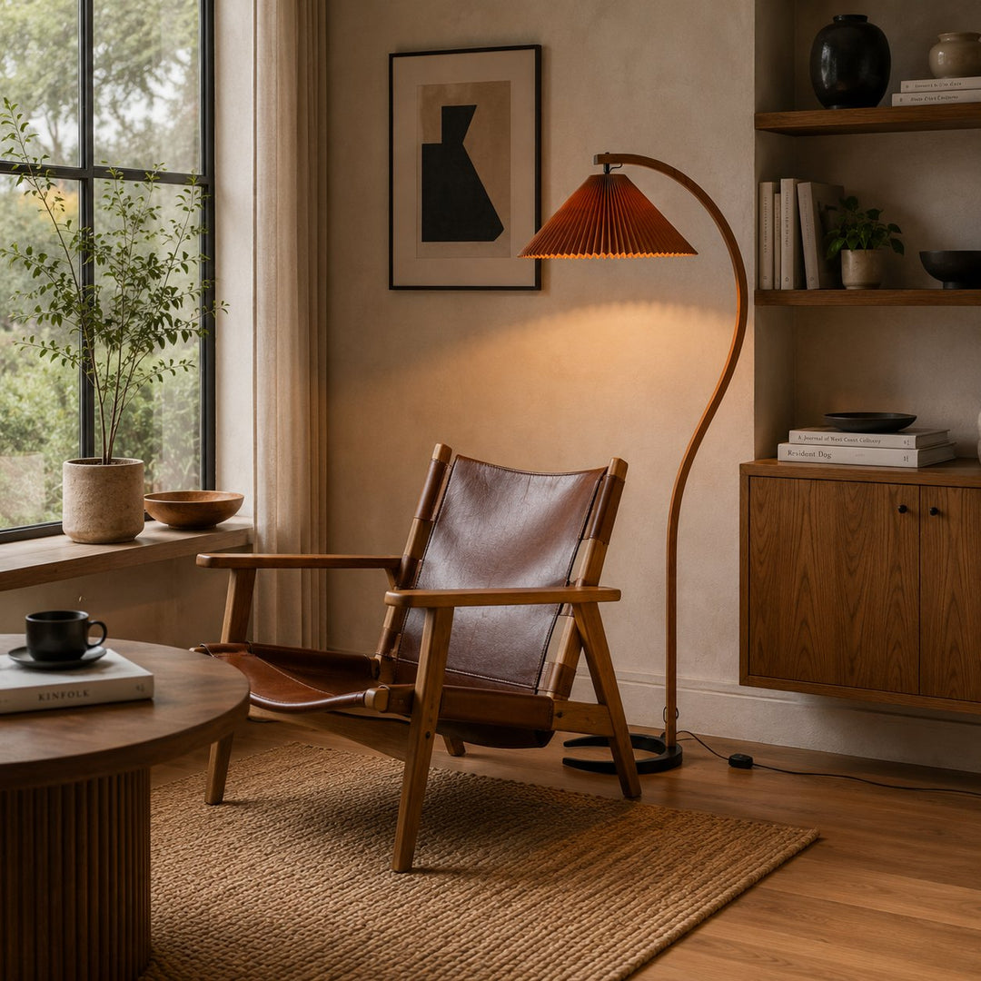 Modern Floor Lamp Adjustable Height Beech Wood Bracket Linen Shade Indoor Use