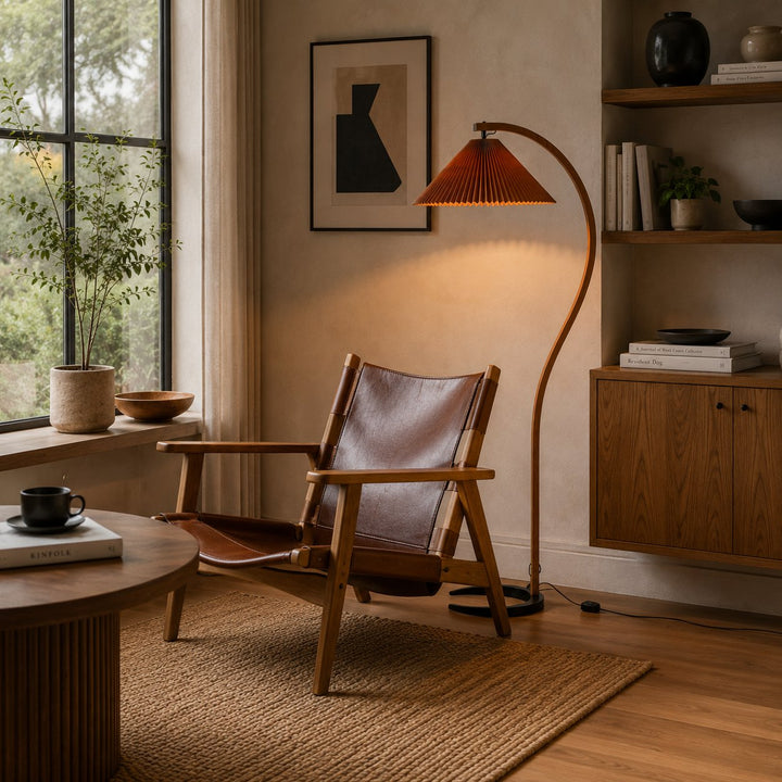 Modern Floor Lamp Adjustable Height Beech Wood Bracket Linen Shade Indoor Use