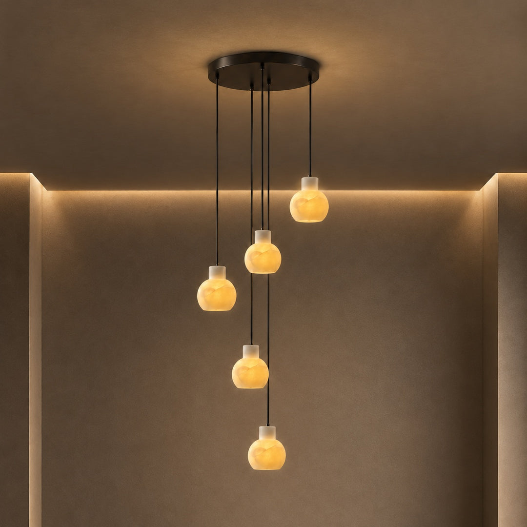 Modern Alabaster Chandelier Hanging Light Fixture with Glass Shades and LED Bulbs for 6 Lights