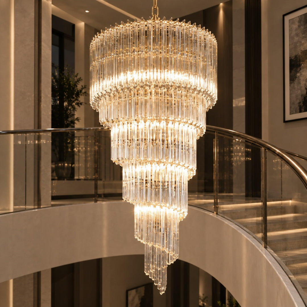 Modern Chandelier Clear Glass Hanging Light Fixture Adjustable Height Dimmable Illumination