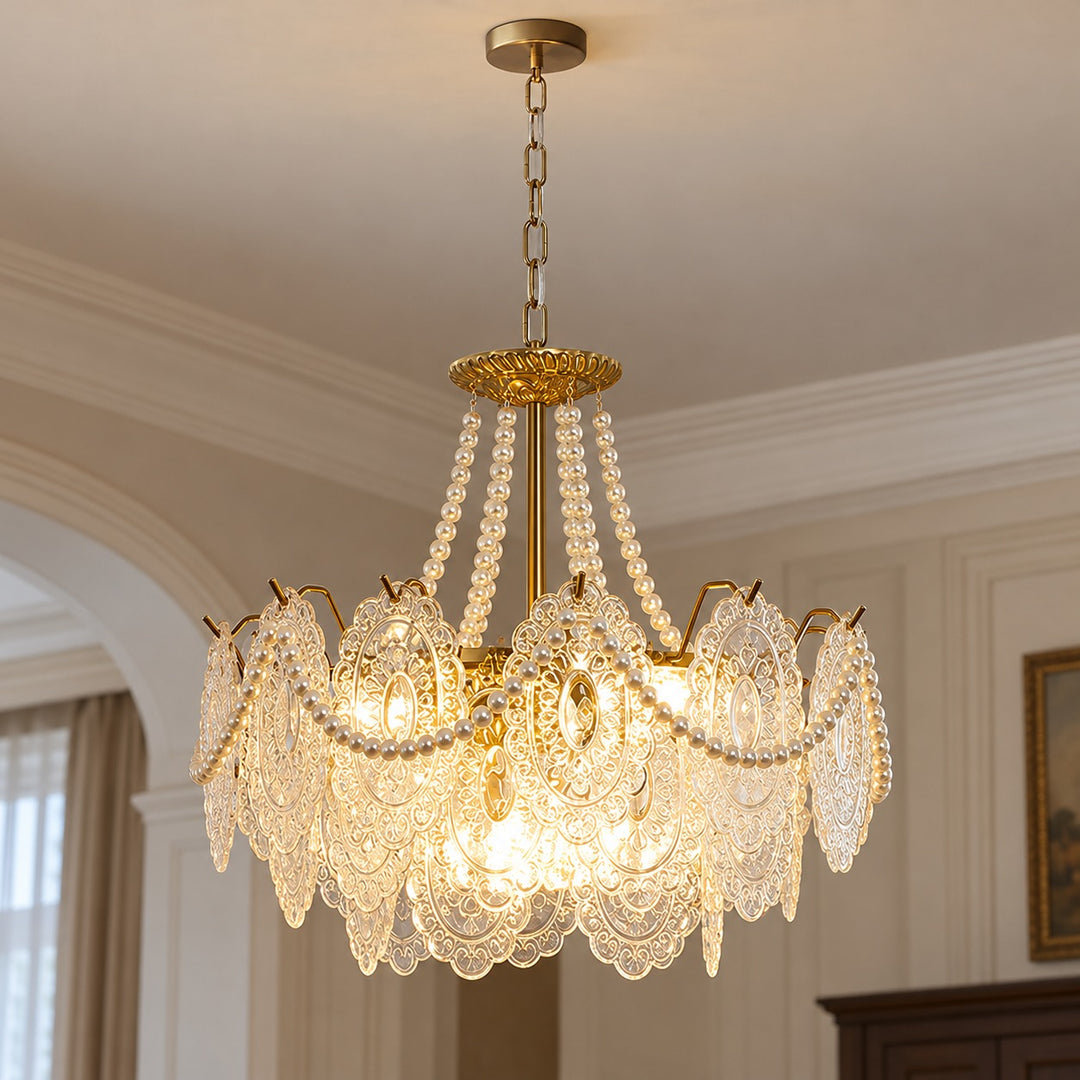 Modern Glass Chandelier Light Pendant Fixture Ceiling Mounted with Pearl Accents for Ambient Illumination