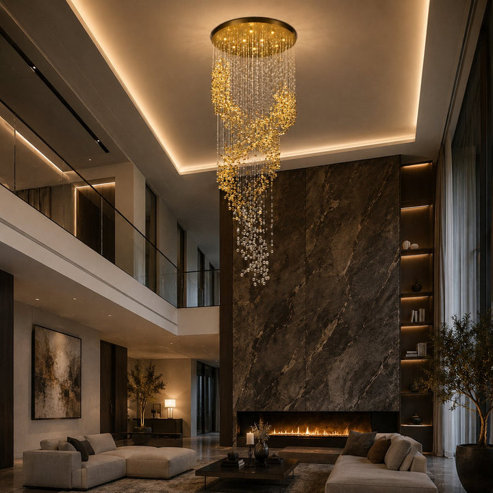 Modern Chandelier Hanging Light Gold Metal Clear Amber Crystal Glass LED