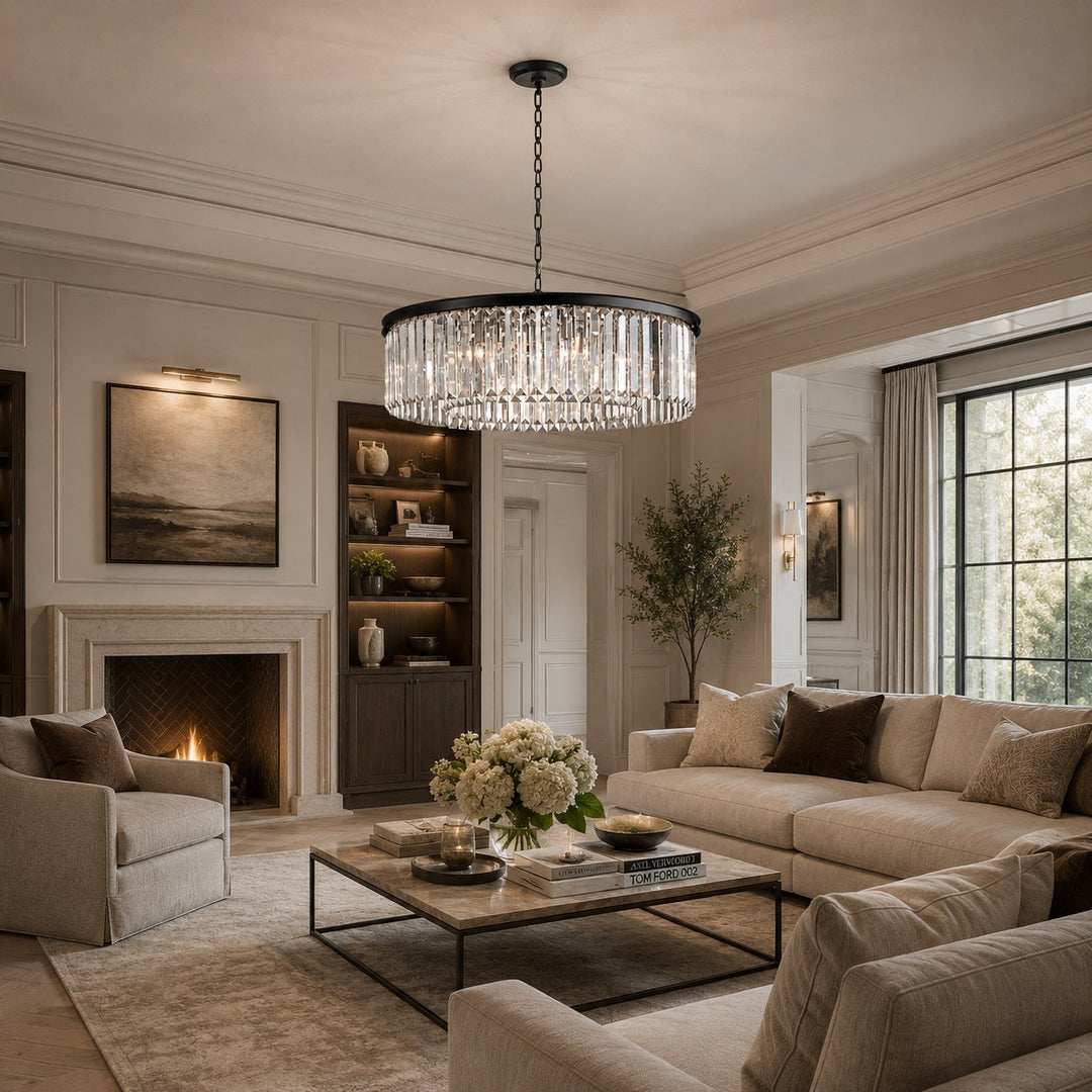 Large 84cm Round K9 Crystal Chandelier – Brass or Bronze 8-Light Art Deco Ceiling Pendant