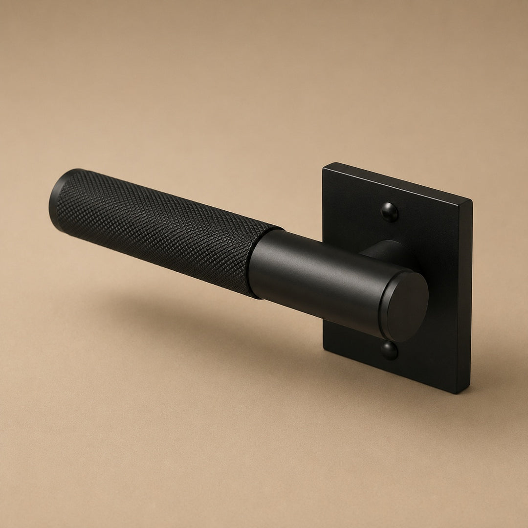Modern Brass Door Handle with Knurled Grip and Square or Round Rosette for Internal Use