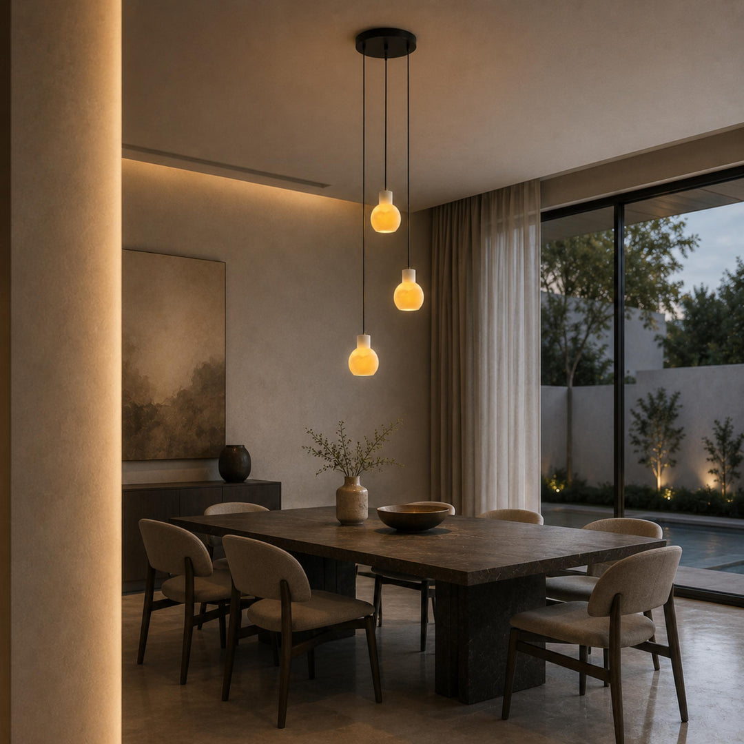 Modern Alabaster Chandelier Hanging Light Fixture with Glass Shades and LED Bulbs for 6 Lights