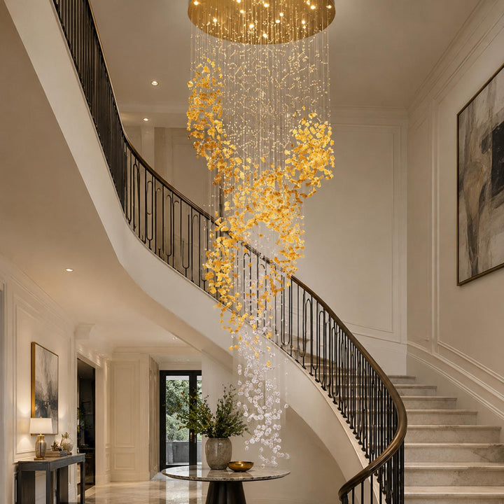 Modern Chandelier Hanging Light Gold Metal Clear Amber Crystal Glass LED