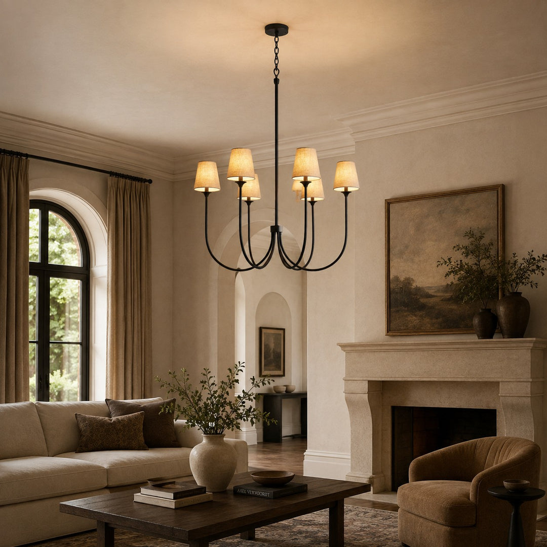 Large Round Chandelier with Off-White Shades – Brass or Bronze
