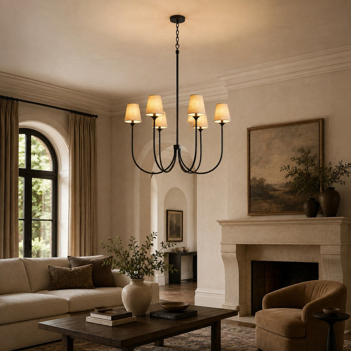 Large Round Chandelier with Off-White Shades – Brass or Bronze