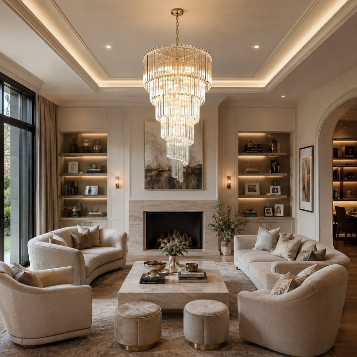 Modern Chandelier Clear Glass Hanging Light Fixture Adjustable Height Dimmable Illumination