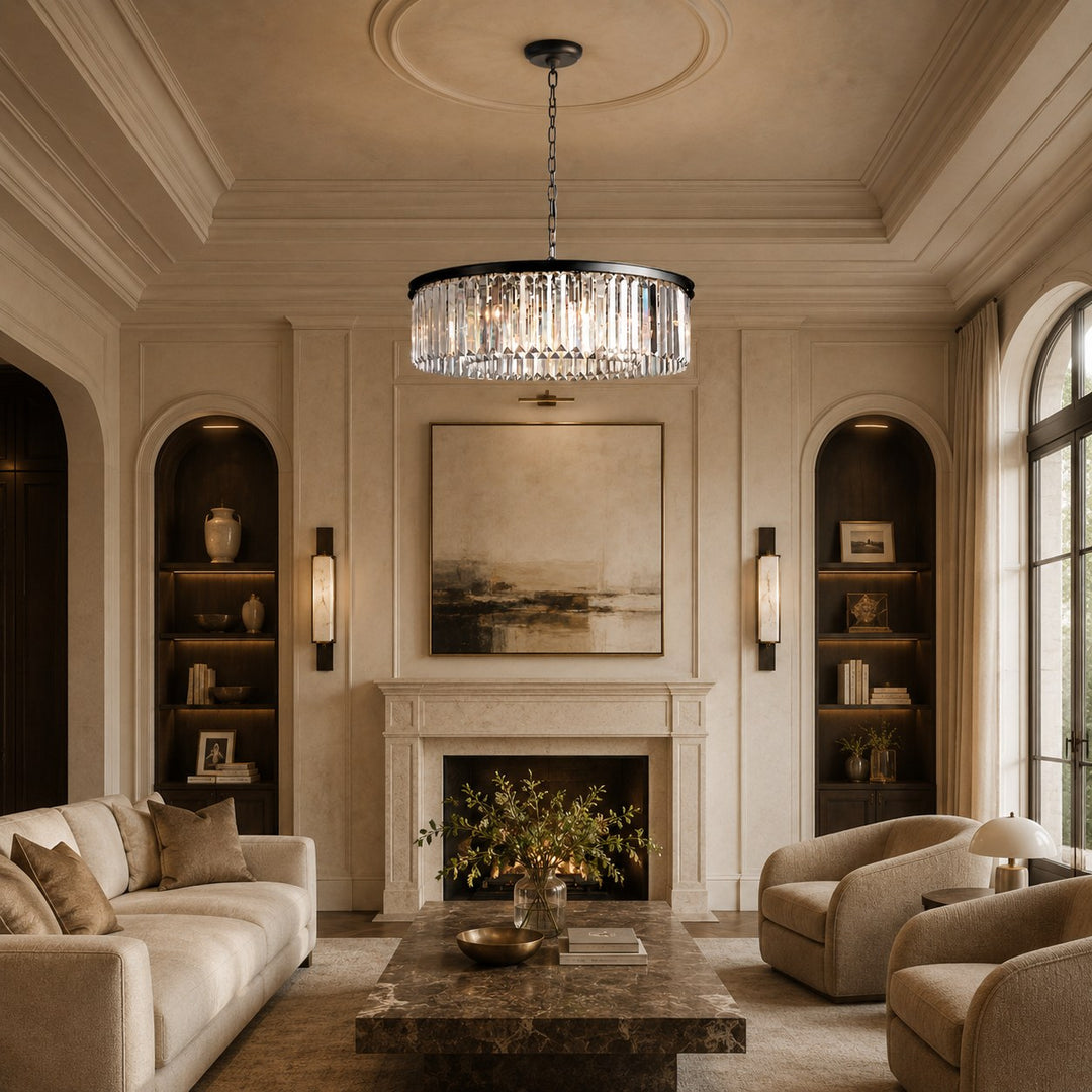 Large 84cm Round K9 Crystal Chandelier – Brass or Bronze 8-Light Art Deco Ceiling Pendant